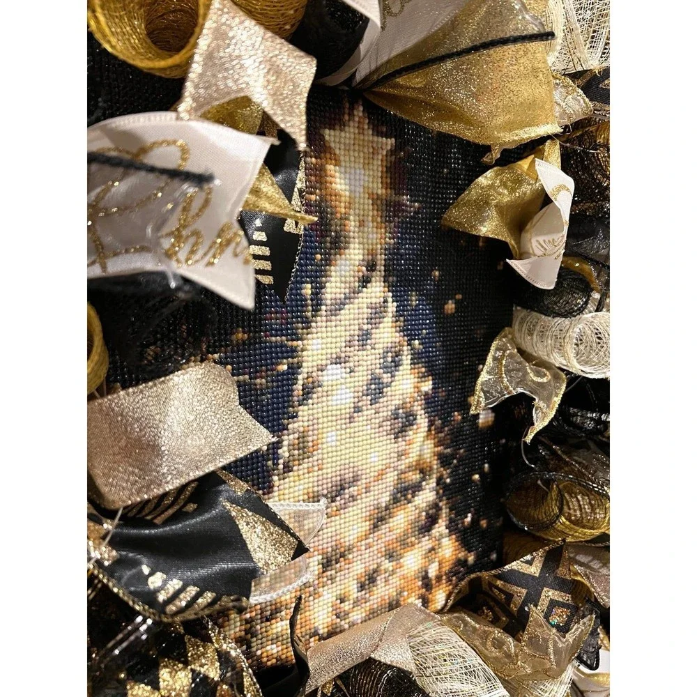 Handmade Christmas Tree Diamond Art Ribbon Door Wreath 22 ins LED W38 Gold Black